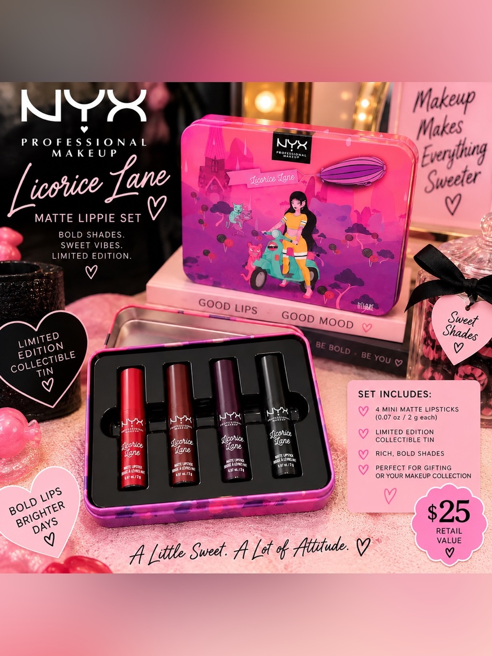 NYX Licorice Lane Mini Matte Lippie Set Red Brown Purple Black New in Tin Box